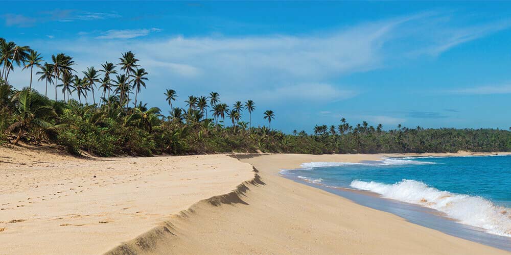 Deserted beach with golden sand, bright blue water and palm trees in Manati Puerto Rico