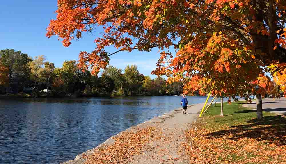 A pedestrian is shown walking on a path along the Trent-Severn Waterway in the fall