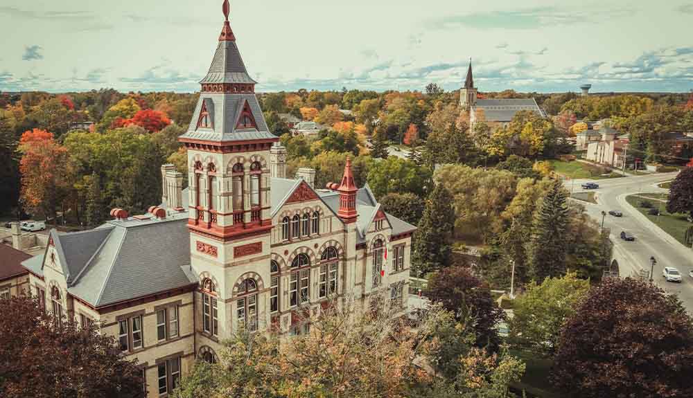 An overhead view of downtown Stratford, Ontario is shown