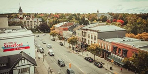 An overhead view of downtown Stratford, Ontario is shown