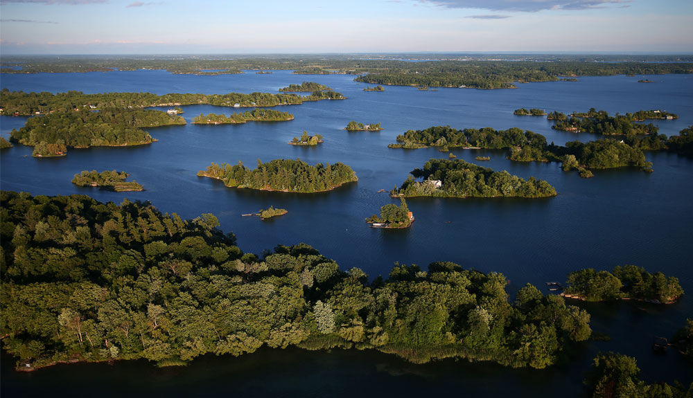 An overhead photo of the 1000 Islands in Ontario is shown
