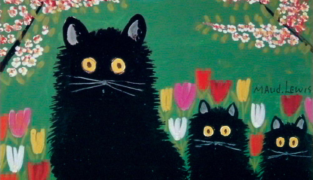 Painting by Maud Lewis of three black cats and tulips and cherry blossoms