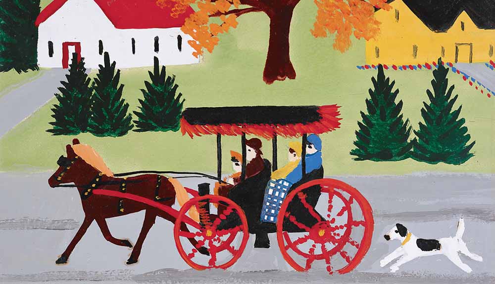 The art of Maud Lewis shows a family riding in a horse-drawn carriage, a dog running behind