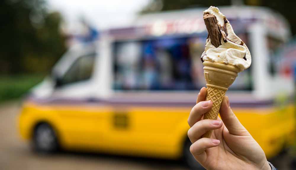 A hand is shown holding an ice cream cone with a yellow and white ice cream truck in the background