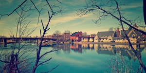 A view of the lake and town of Seneca Falls through naked branches