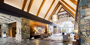 Stone pillars are shown in the lobby of the Fairmont Chateau Whistler