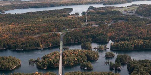 An aerial view of Kingston. There are roadways over water and clusters of trees that are green, some of which are starting to change colours to orange and red.
