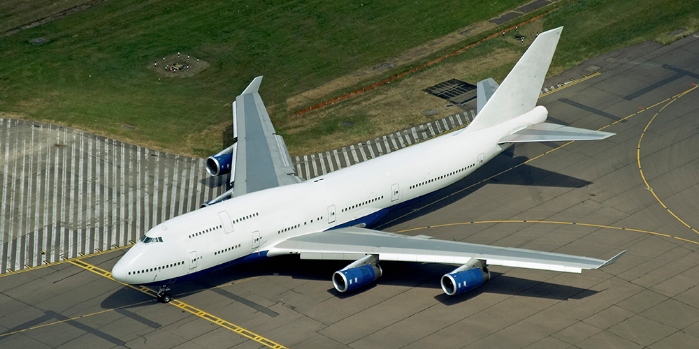 Aerial view of a Boeing 747 on the ground