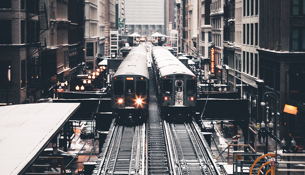 Two local trains running through the city