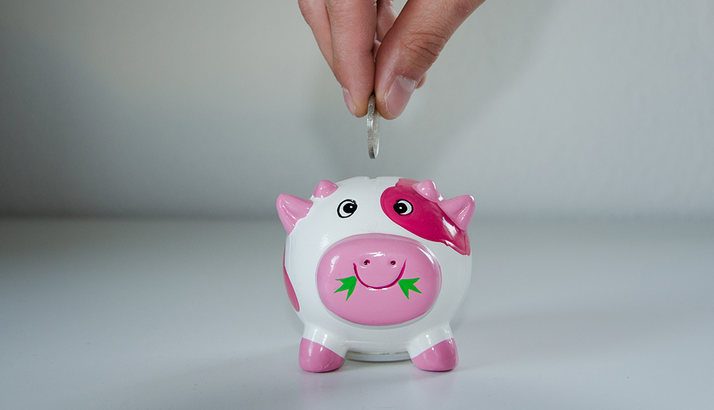 Cow shaped piggy bank with pink spots and fingers inserting a coin in through the top