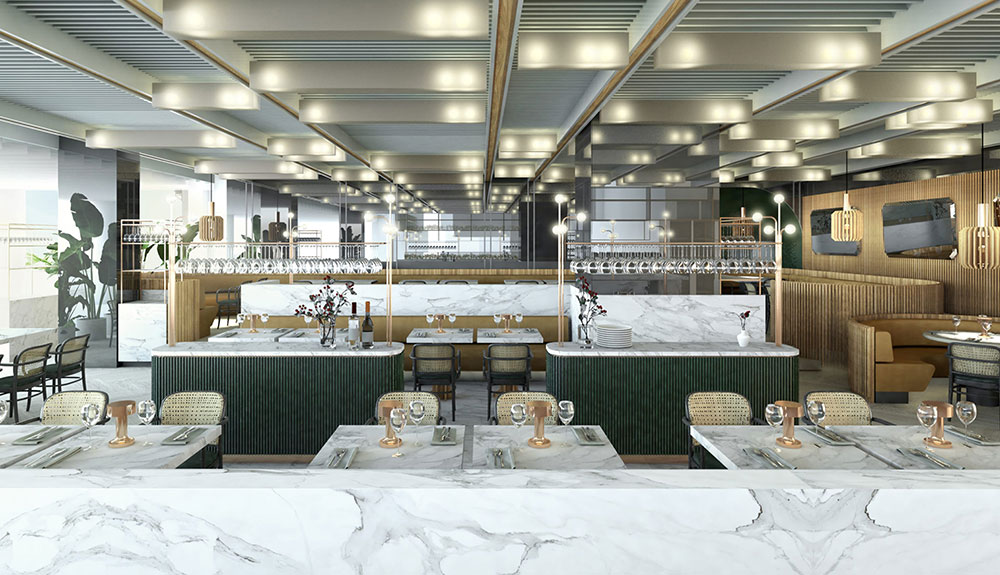 Marble table tops, set tables and modern lights illuminate the dining room at the Four Seasons Hotel in Montreal