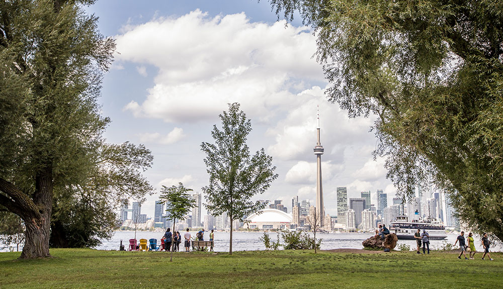 View of the CN Tower and Rogers center from a park across the lake