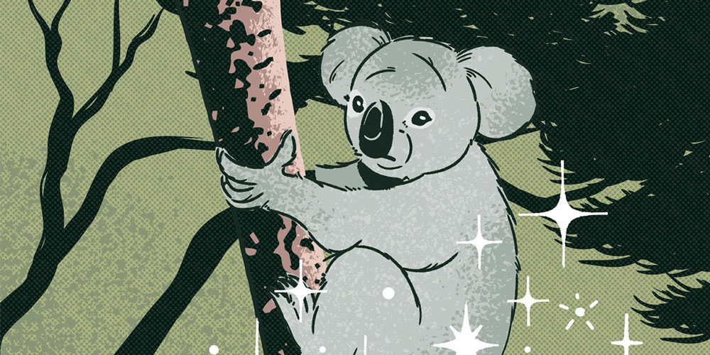 Illustration of a grey koala bear climbing a tree with a sad face, fleeing a crowd of people on the grounding using their phones to take pictures.