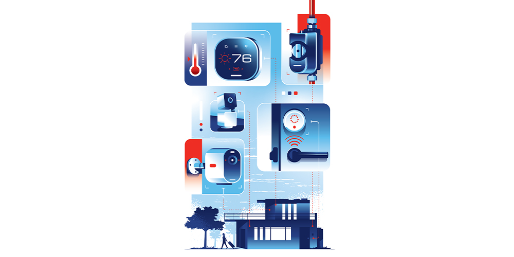 An illustrated collage done in majority blue hues of different types of smart home monitoring devices, including thermostats and security cameras.