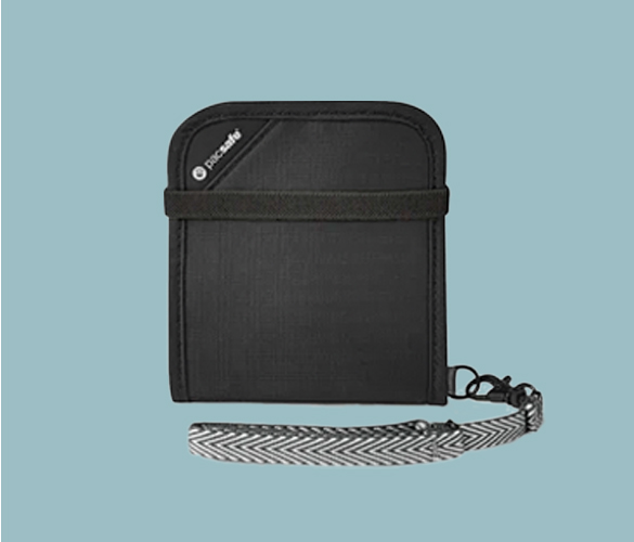 A black bi-fold wallet with a black zipper and a grey wrist strap.