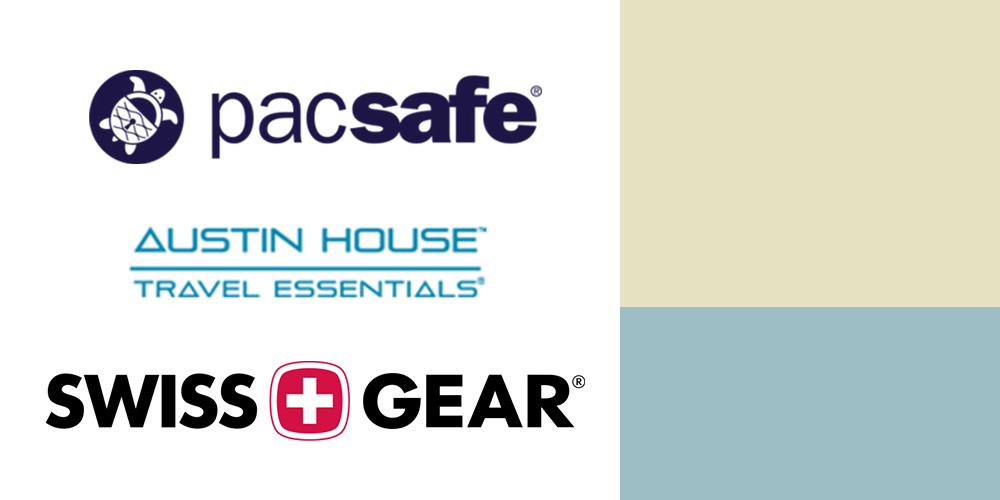 Three brand logos on a white background: Pacsafe, Austin House and Swiss Gear.