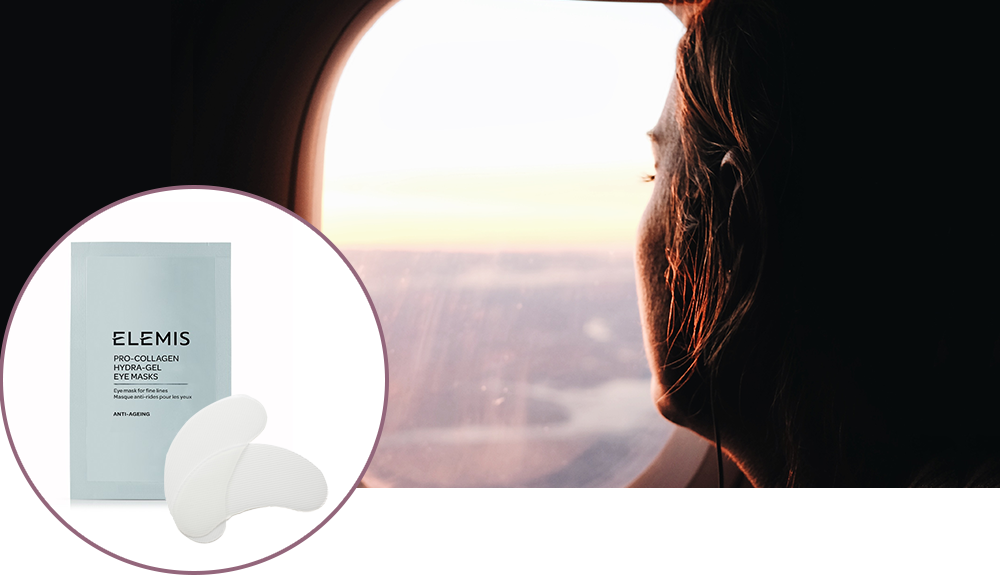 Product shot of the Elemis eye mask over a shot of a person looking out an airplane window
