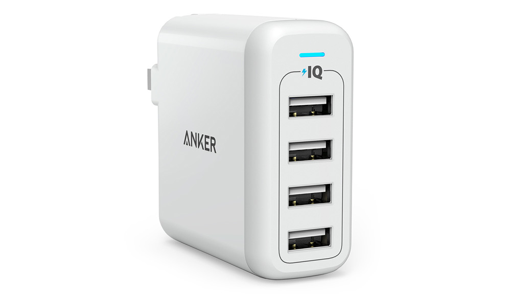 Product shot of white Anker PowerPort with four USB ports