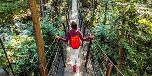 A person wearing white leggings, a purple hoodie, pink running shoes and a red backpack has their back to the camera. They are standing on a long bridge with both hands holding the top of the bridge. Under and around the bridge are trees in different shades of green.