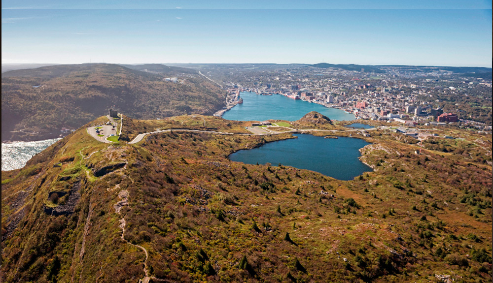 A far off shot of St. John's Newfoundland, the city seen far in the distance