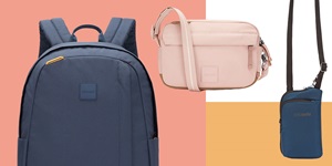 A collage of various bags from the brand Pacsafe, including a blue backpack, a pink crossbody bag and a smaller blue crossbody bag, all on a white, blue orange and pink background.