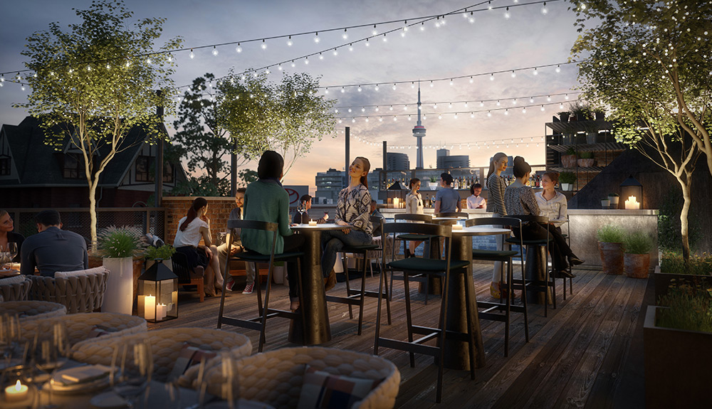 People chat on high-top stools and tables at a trendy Toronto rooftop bar in the early evening, the CN tower seen in the distance