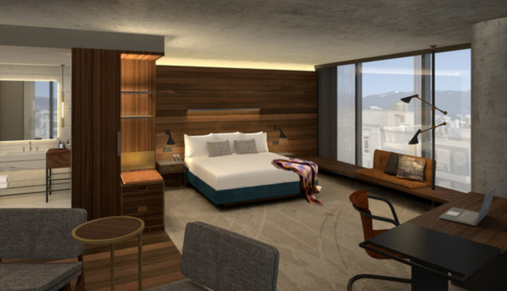 The wood interior of a modern hotel room rendering