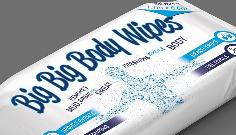 A package of Big Big Body Wipes is seen, the packaging advertising 1.1m large wipes