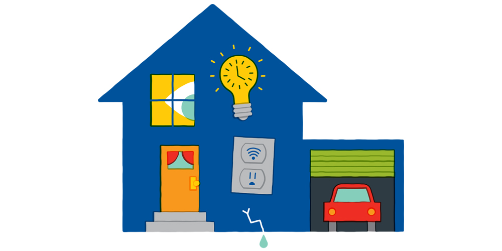 Simple illustration of blue home with red car in garage, wifi symbol, electrical outlet and lightbulb indicating smart home gadgets