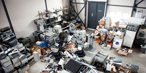 Stacks of electronics are seen piled in a recycling center
