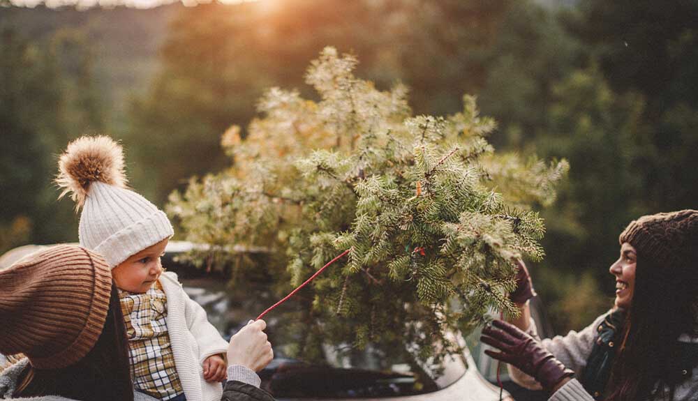 Two women tying Christmas tree to car roof with red twine while baby in one woman's arms watches