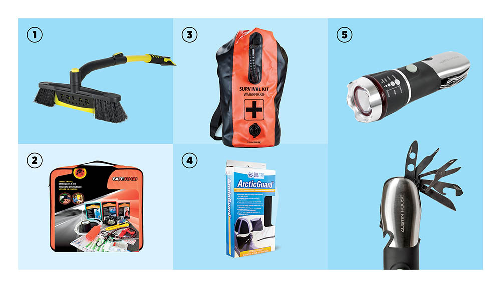 A snow broom, emergency kit, 72-hour survival kit, windshield cover and 8-in-1 emergency tool are shown