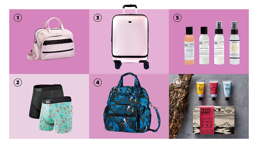 A weekender bag, carry-on bag, travel size toiletries, boxer briefs, 3-in-1 tote bag and men's toiletries are shown
