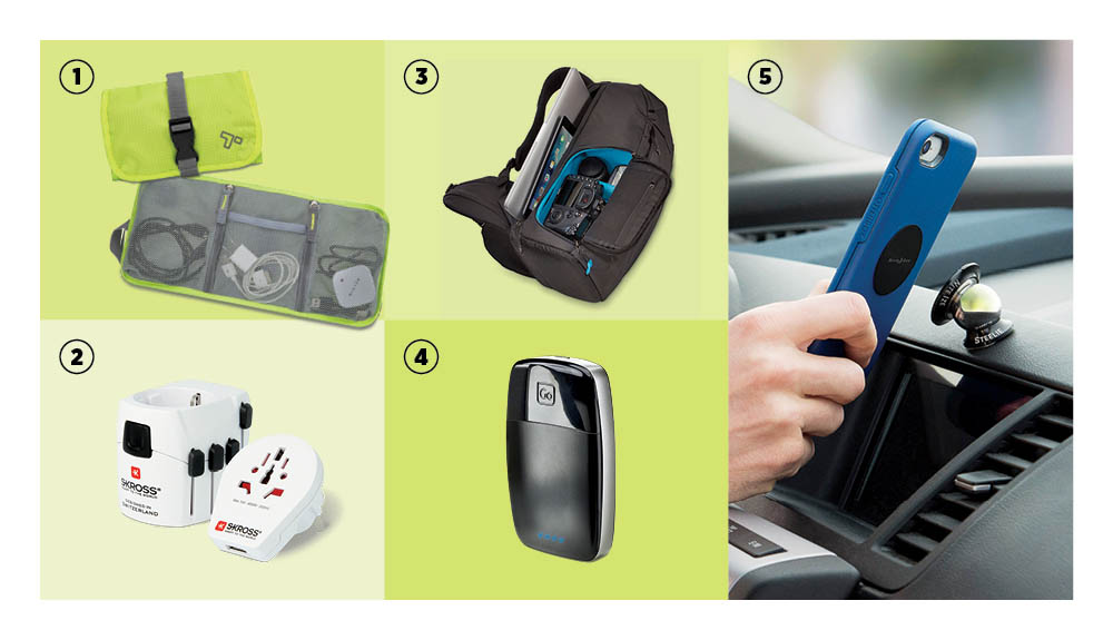 A tech accessory organizer, adapter and USB charger, DSLR backpack, power bank and a dash kit are shown