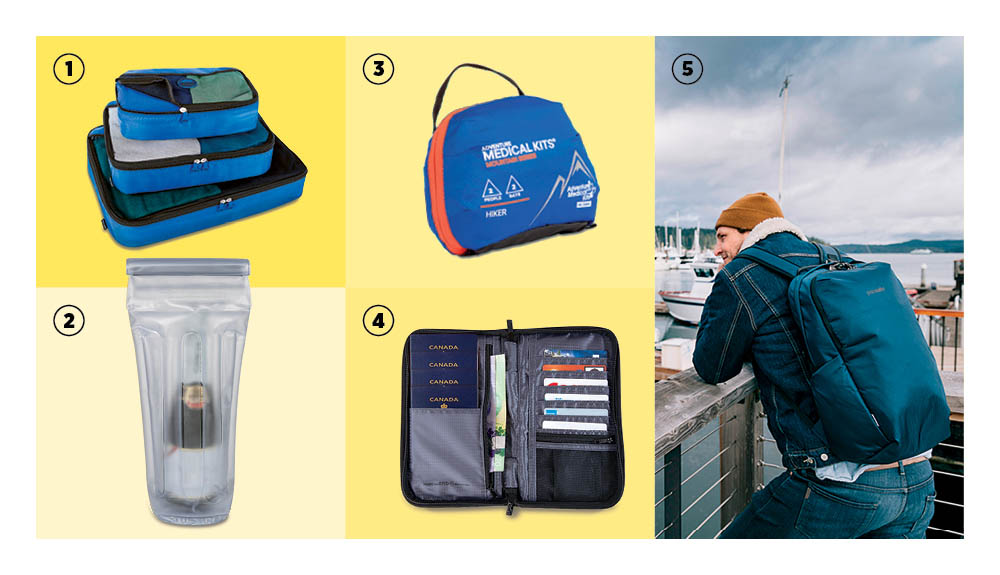 Packing cubes, an inflatable bottle pouch, a medical kit, RFID travel organizer and a backpack are shown