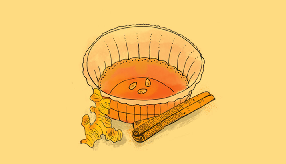 Illustration of glass of orange-coloured Korean persimmon punch with cinnamon stick