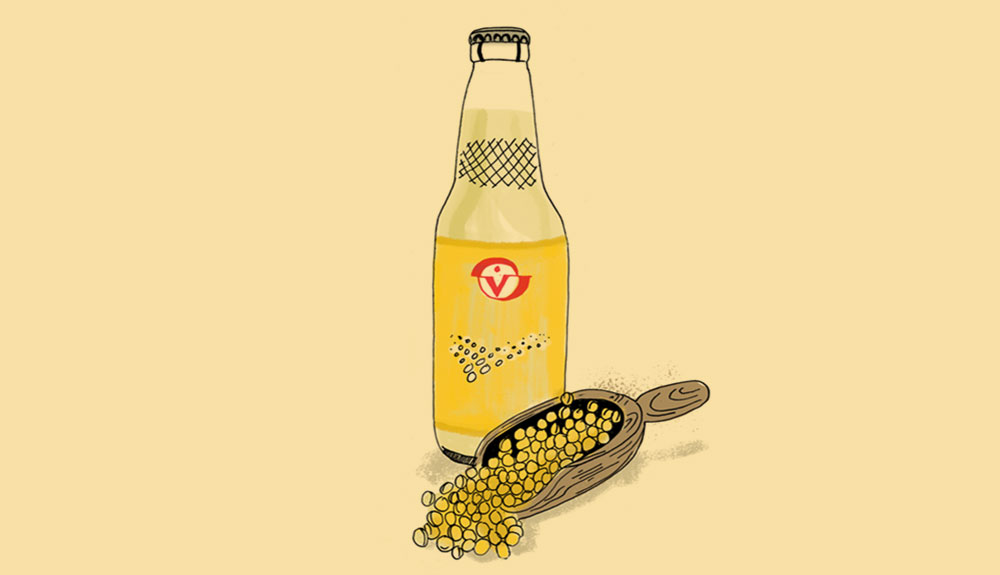 Illustration of glass soda bottle filled with soymilk