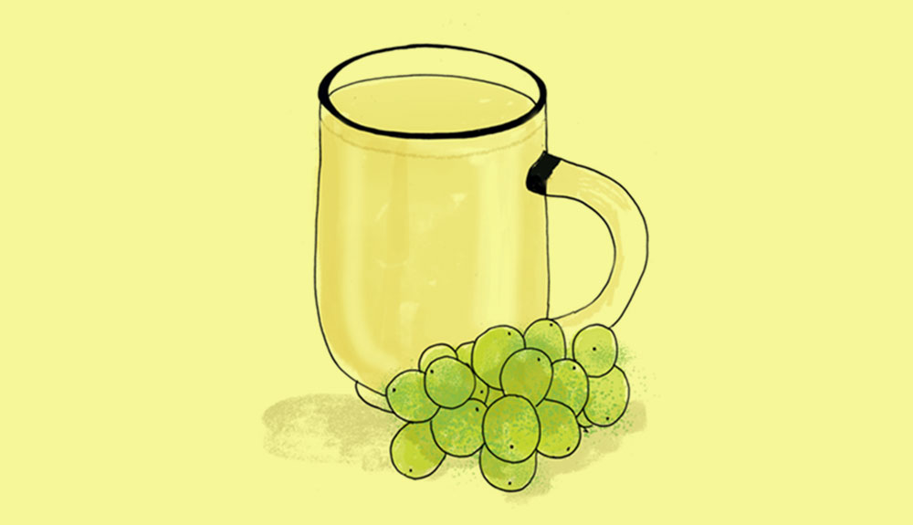 Illustration of glass mug with white wine and a bunch of grapes