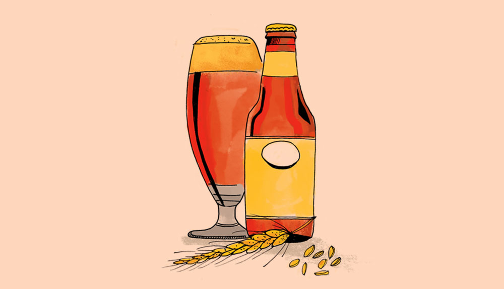 Illustration of glass of beer next to bottle of beer