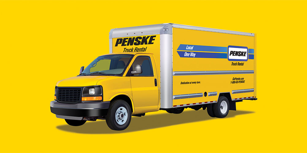A yellow Penske moving van is shown on a yellow background.