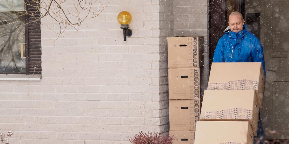 A mover pushes a stack of cardboard boxes on a dolly.