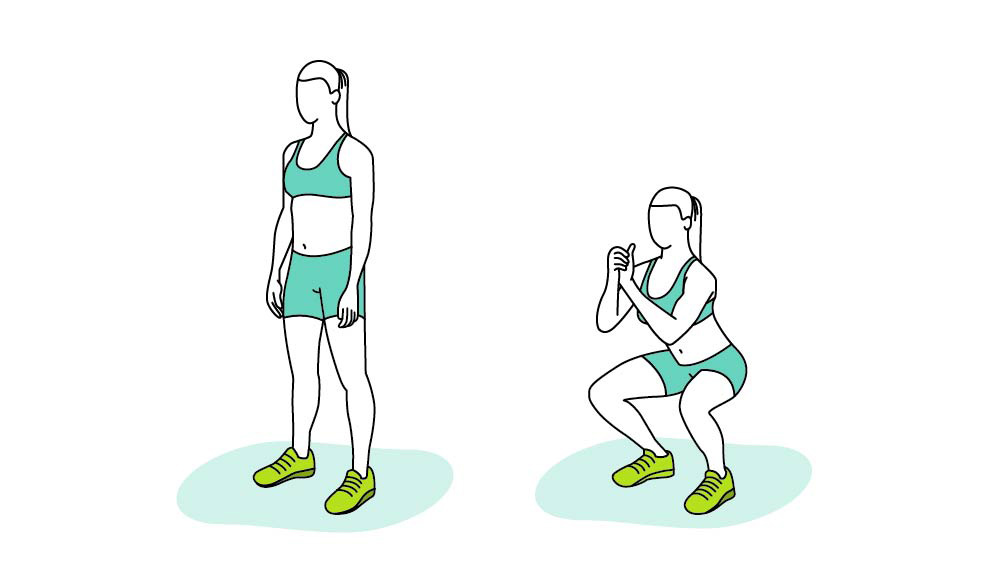 An illustration shows how to do squats properly