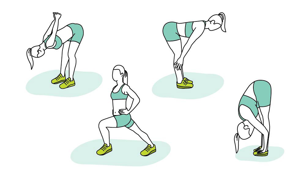 An illustration shows examples of different types of stretches
