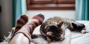 A cat is shown sleeping next to a person wearing stripped socks