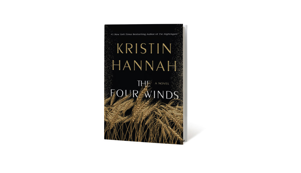 The cover of The Four Winds is shown with a black cover with wheat sheafs 