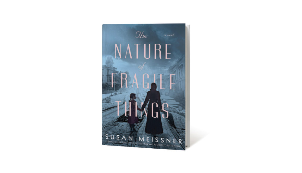 The cover of The Nature of Fragile Things is shown with a grey cover with the silhouette of a woman and child