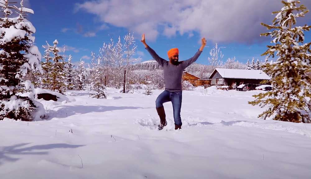 Gurdeep Pandher is shown dancing in the snow