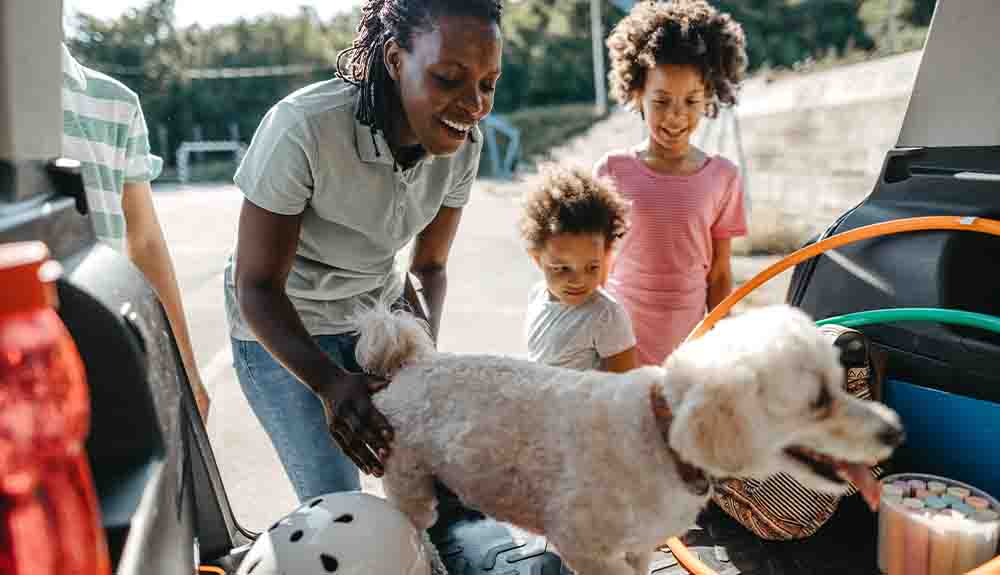 A woman with two kids, one in a pink T-shirt and another in a grey t-shirt standing at the trunk of their car with a small white dog.