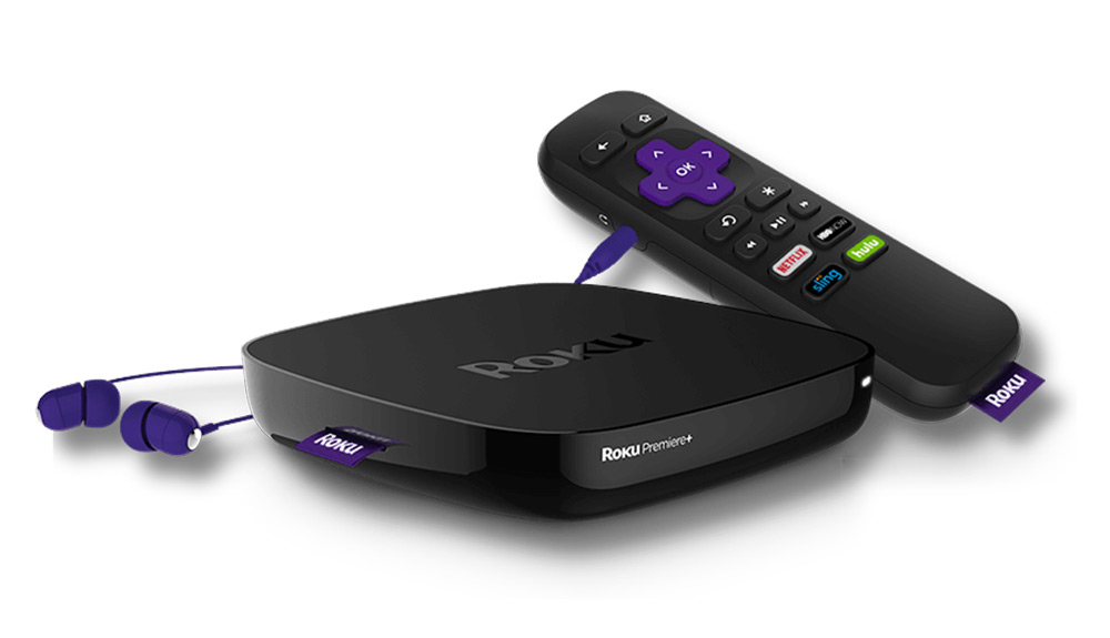 Product shot of the Roku Premiere+ and remote