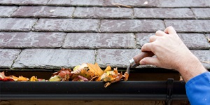 A hand is shown scooping leaves out of an eaves trough